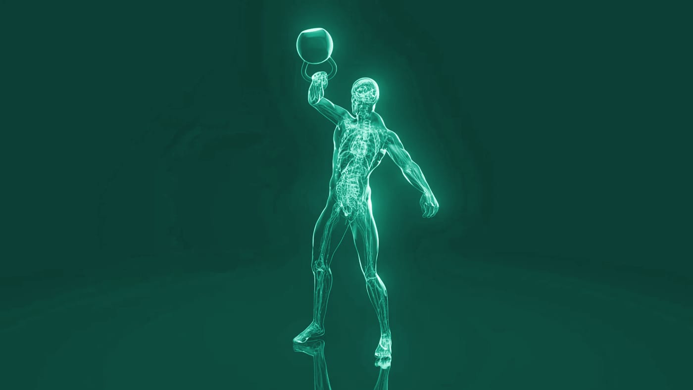 Anatomical figure lifting a kettlebell, in green tones